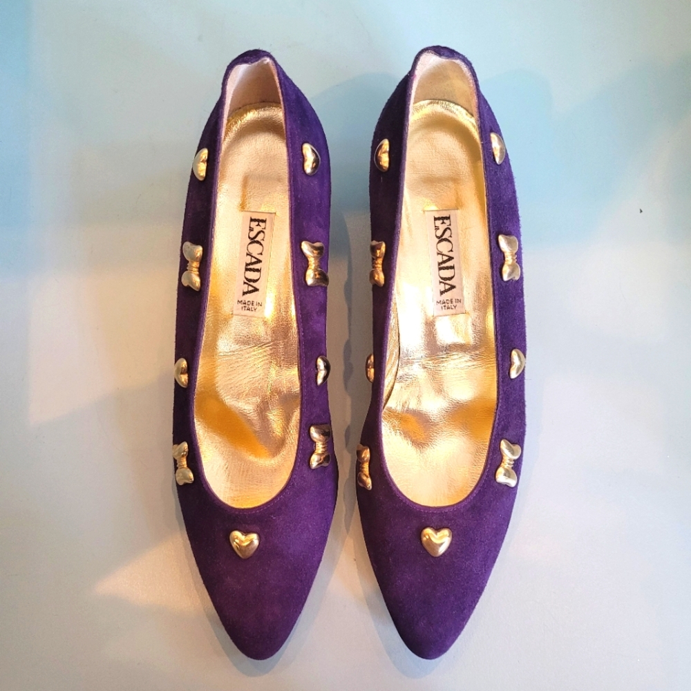 Vintage 80s Escada Purple Block Heel Pump with Gold Accents. 7 Narrow